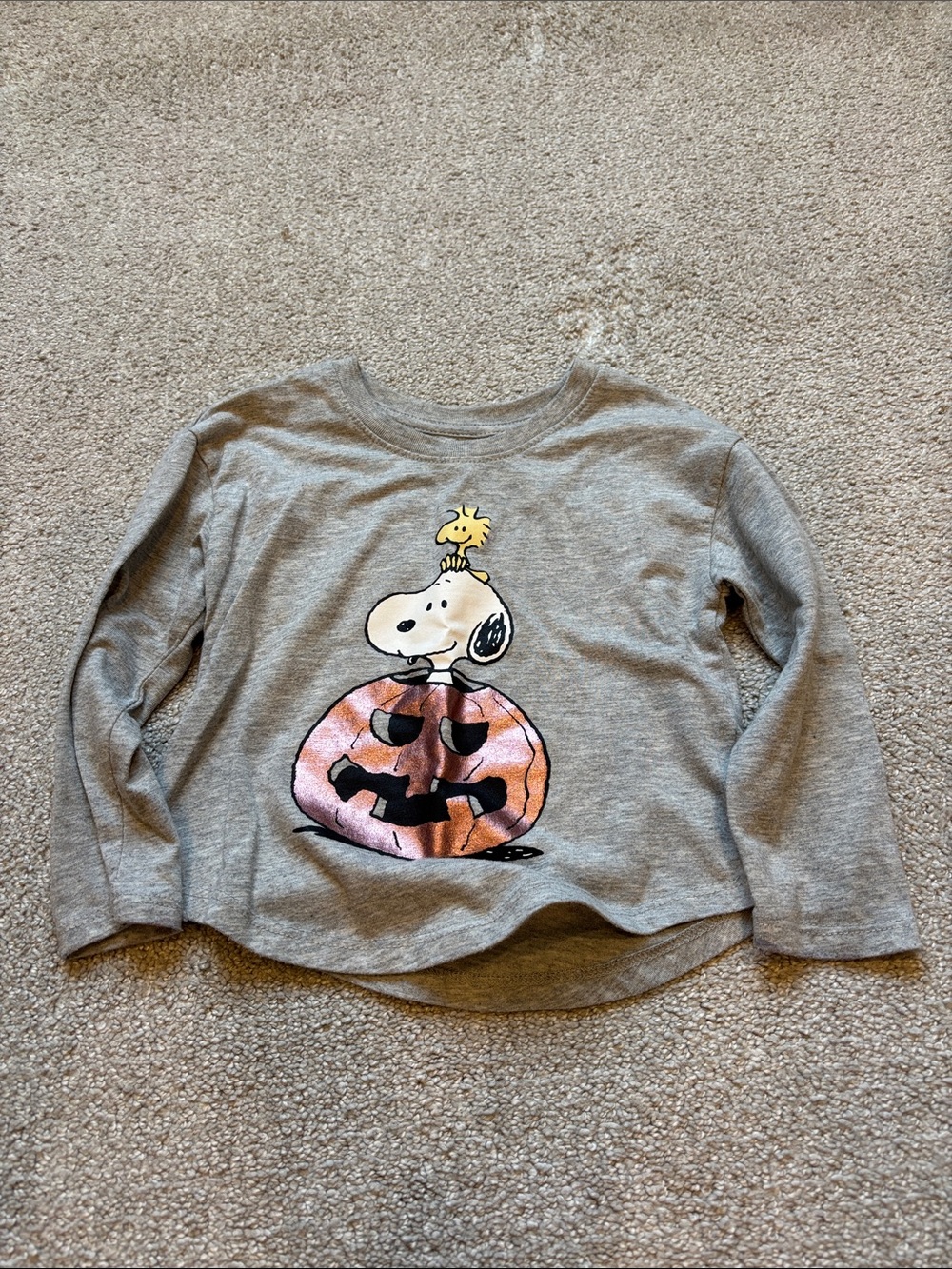 GAP Gray Long-Sleeve Tee with Snoopy & Pumpkin Graphic